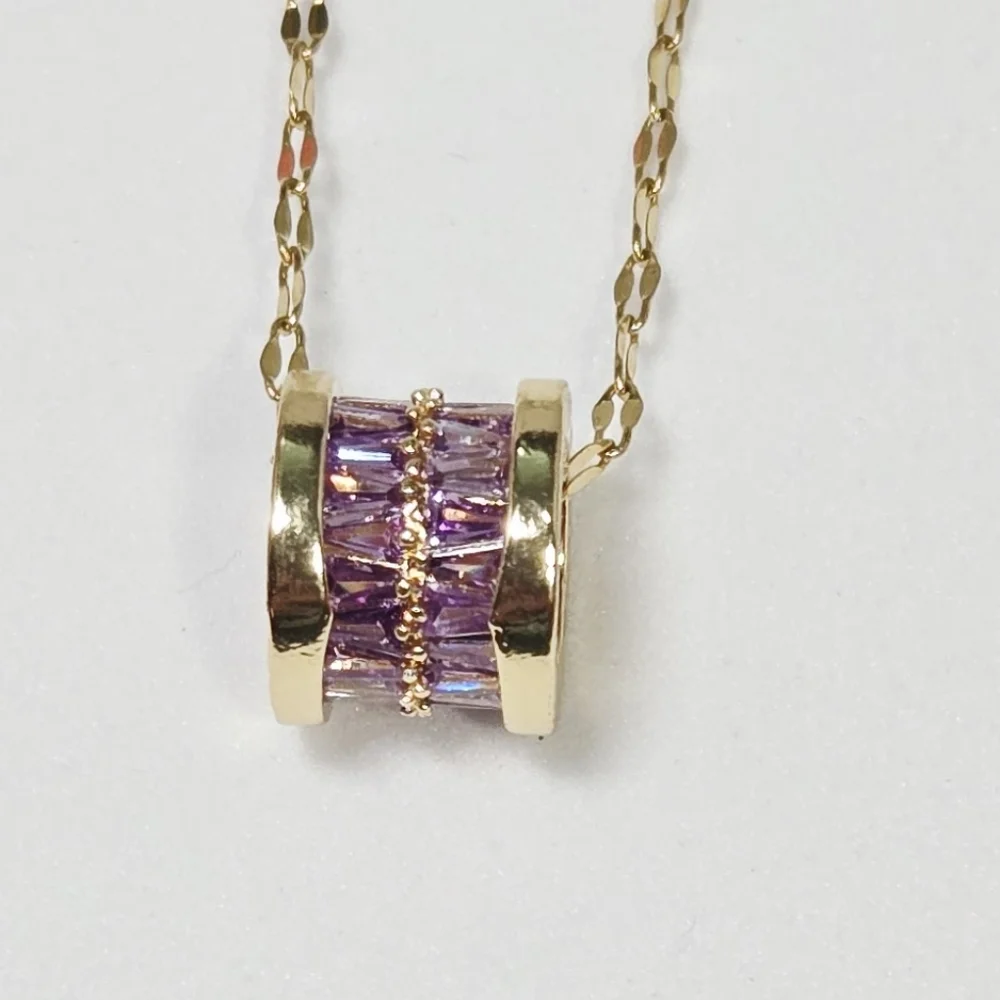 Gold Stainless Steel Purple CZ Barrel Necklace – Channel Set Crystal Pendant